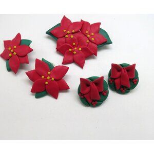 Christmas Poinsettia Brooch Earring Set‎ Handcrafted Polymer Clay 2.5" Pin Studs